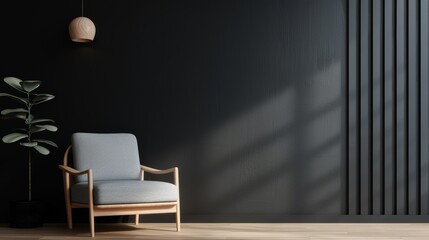 A stylish, modern chair sits alone in a chic, dimly lit room, demonstrating contemporary design and minimalism while creating a serene and sophisticated atmosphere.