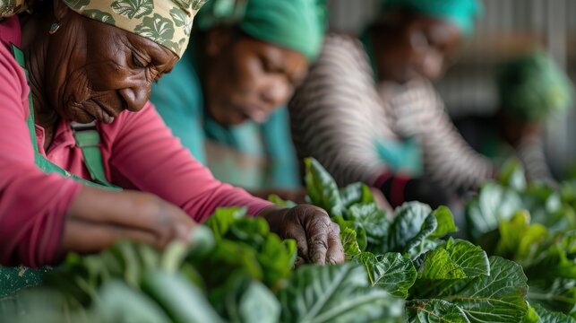 A focused group of workers diligently harvesting green vegetables, highlighting their commitment to sustainable agriculture and teamwork in a natural farming environment.