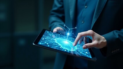 A male professional in a suit interacts with a digital tablet, showcasing a holographic brain concept.
