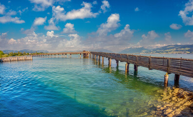 Holzbrücke Rapperswil-Hurden, the longest wooden bridge in Switzerland spanning the narrowest and shallowest part of Lake Zurich.