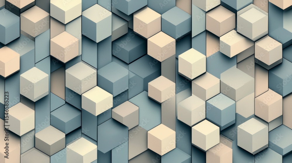 Poster abstract background with beige, blue, and white cubes in a hexagonal pattern.