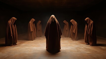 A mysterious gathering of cloaked figures, shrouded in darkness and enveloped in an eerie atmosphere, suggesting themes of secrecy and the unknown in an artistic presentation.