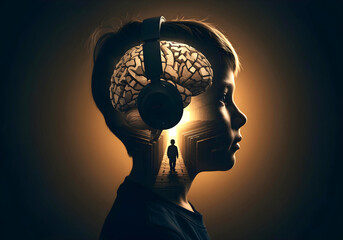 Autistic boy wearing noise cancelling headphones with cracked brain and labyrinth symbolizing complex neurodivergent processing