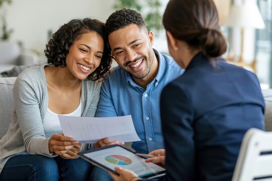 Happy couple meeting with a financial advisor to discuss their investment strategy