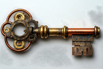 Ornate steampunk key, with gears, copper piping, and aged metal, resting on a textured white background