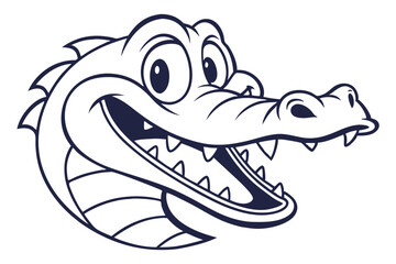 Cartoon alligator with a big smile reveals sharp teeth in a face