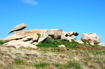 Rocks of the Pink Granite Coast in Brittany in France, Europe