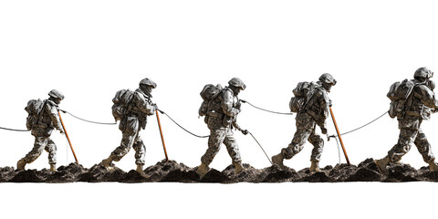 Team of American Soldiers in Camouflage Uniforms Walking Through Rough Terrain Concept of Military, Teamwork, and Perseverance