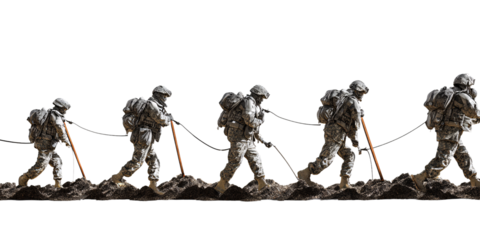 Team of American Soldiers in Camouflage Uniforms Walking Through Rough Terrain Concept of Military, Teamwork, and Perseverance