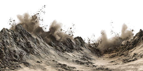 Dramatic mountain landscape with dust clouds and rocky terrain Concept of natural disaster, erosion, and geological formation in a desolate environment
