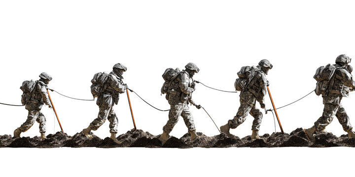 Team of American Soldiers in Camouflage Uniforms Walking Through Rough Terrain Concept of Military, Teamwork, and Perseverance
