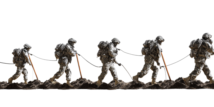 Team of American Soldiers in Camouflage Uniforms Walking Through Rough Terrain Concept of Military, Teamwork, and Perseverance