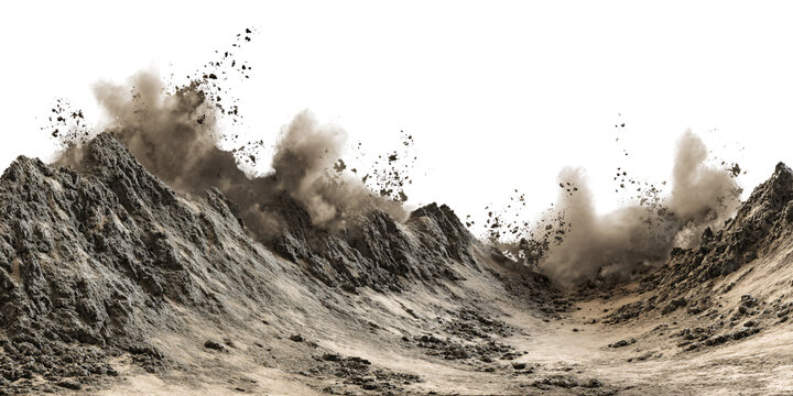 Dramatic mountain landscape with dust clouds and rocky terrain Concept of natural disaster, erosion, and geological formation in a desolate environment