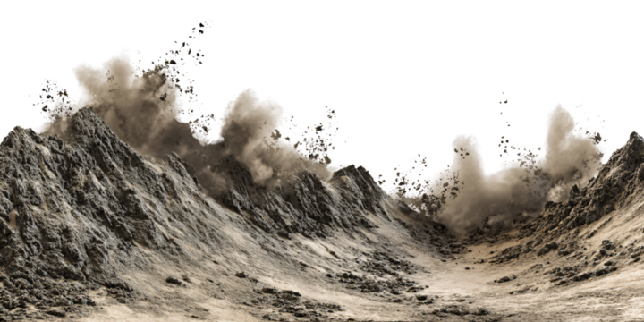 Dramatic mountain landscape with dust clouds and rocky terrain Concept of natural disaster, erosion, and geological formation in a desolate environment
