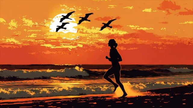 Silhouette of a runner on a beach at sunset, birds flying overhead