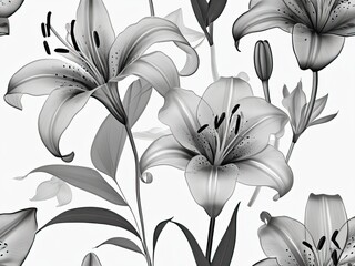 Elegant black-and-white line art of blooming lilies with detailed petals, leaves