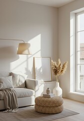 Vertical Wooden Frame Mockup in a Bright, Minimalist Living Room with Natural Light