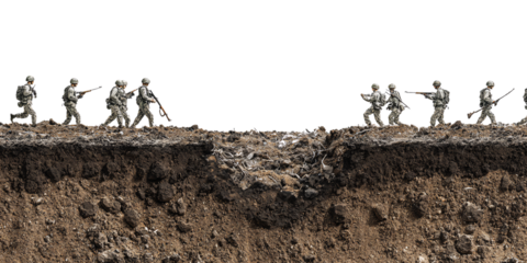 Soldiers in Camouflage Uniforms Advancing Across Battlefield, Trench Warfare Concept of Military Action, War, and Conflict