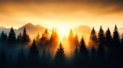 The sun rises majestically over a pine forest, illuminating the trees with warm golden hues, symbolizing hope and new beginnings in nature's beautifully tranquil setting.