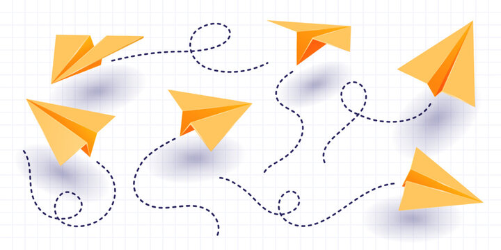 Set of various realistic yellow paper planes. Collection of flying folded origami airplanes in different angles with dotted route lines. Isolated elements for banner, poster etc.