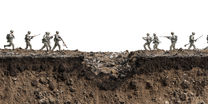 Soldiers in Camouflage Uniforms Advancing Across Battlefield, Trench Warfare Concept of Military Action, War, and Conflict