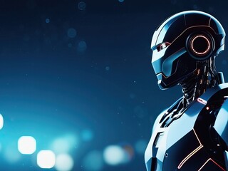 black robot with glowing yellow eyes, copy space, sci-fi artificial intelligence