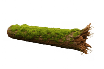 Fallen tree trunk covered in vibrant green moss, isolated on a transparent background, perfect for nature-themed compositions