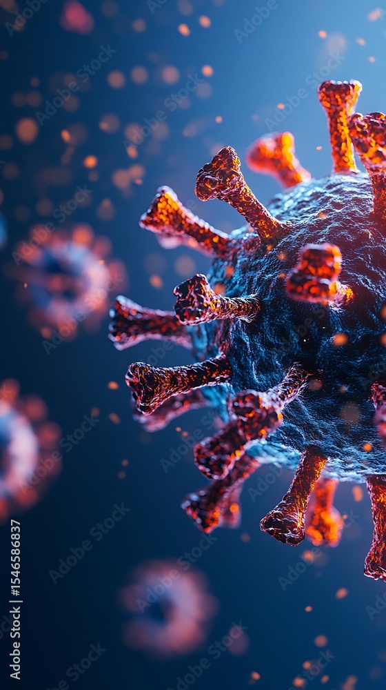 Poster macro view of viruses with red spikes against a blurred blue background detailed