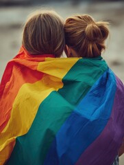 Fototapeta premium Teenage lady and friend with rainbow color flag, symbol of LGBT pride month celebrate annual in June social of gay, lesbian, bisexual, transgender, human rights.