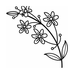 Black Line Art Floral Branch with Flowers and Leaves