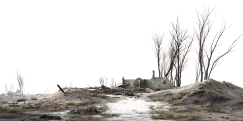 PostApocalyptic landscape with desolate ruins and bare trees Concept of environmental disaster, war aftermath, and urban decay in a wasteland