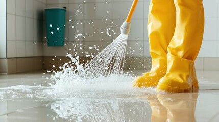 A person in bright yellow boots sprays water on a shiny floor, showcasing the act of cleaning, emphasizing hygiene and maintenance in indoor environments.