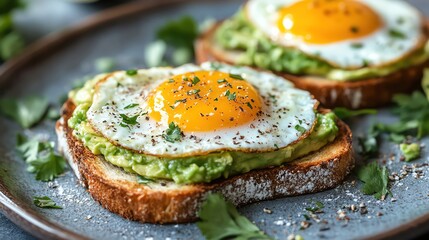 Toast flipping with avocado and egg toppings