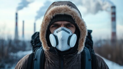 A striking portrait of a masked individual in an industrial environment, raising questions about pollution, protection, and humanity's relationship with the planet.