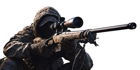 Camouflaged soldier aiming sniper rifle with optical scope in outdoor environment Concept of military, war, combat, and precision shooting