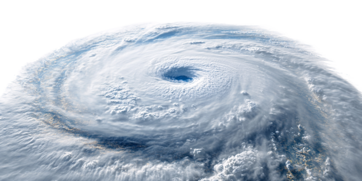 Aerial view of a powerful hurricane with a clearly defined eye, swirling clouds, and visible storm bands Concept of climate change, natural disaster, and weather phenomenon
