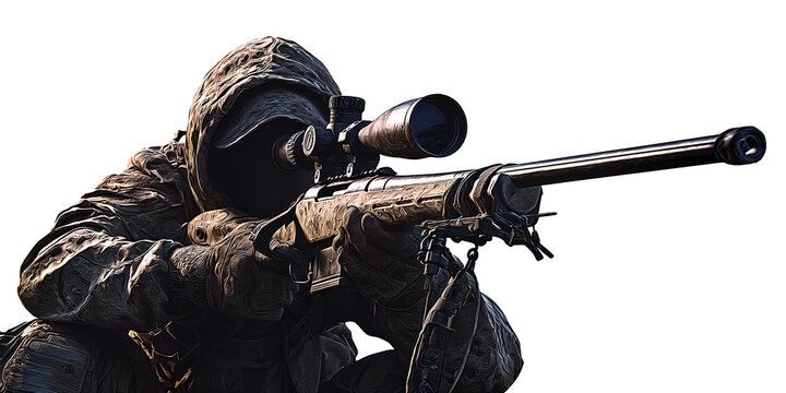 Camouflaged soldier aiming sniper rifle with optical scope in outdoor environment Concept of military, war, combat, and precision shooting