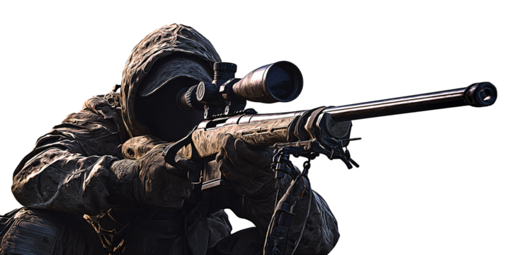 Camouflaged soldier aiming sniper rifle with optical scope in outdoor environment Concept of military, war, combat, and precision shooting - Powered by Adobe