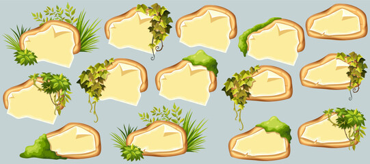 Wooden signboards with old paper, stems ivy, liana, grapes, vine, swamp moss, forest lichen. Set blank invitations, maps, jungle plants. 3d elements for messages, banners, notebooks, mobile games.