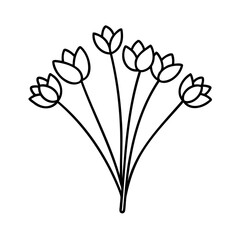 Black Line Art Drawing of Six Simple Tulips flowers