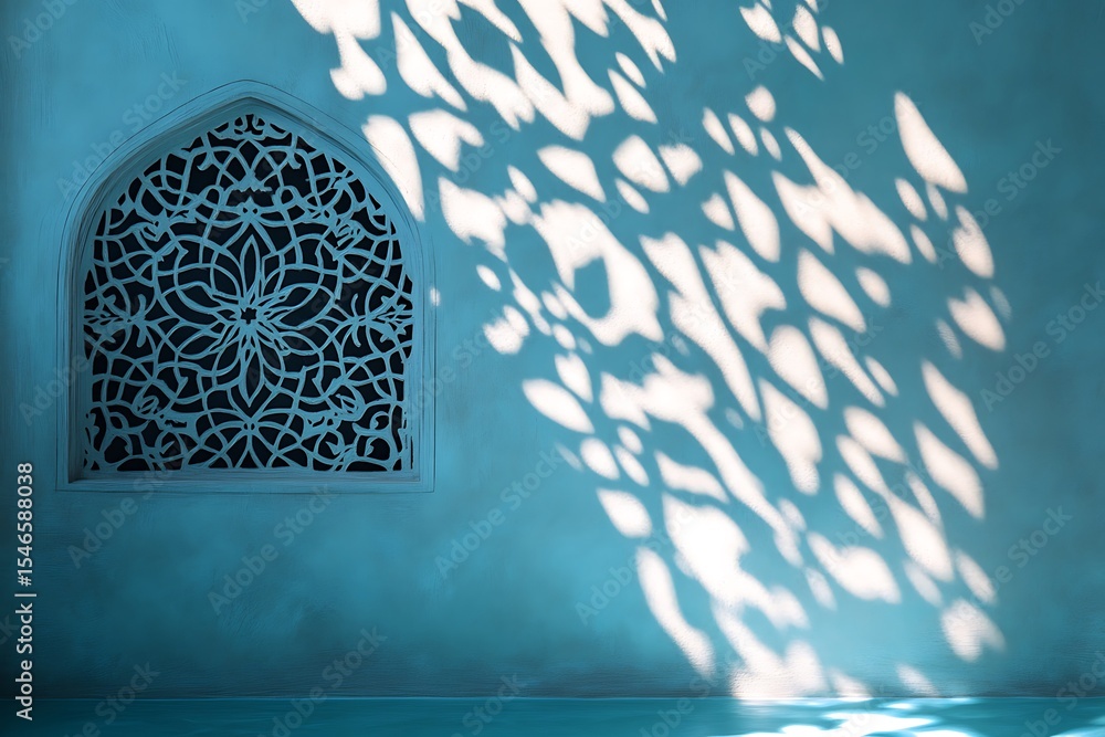 Poster ornate lattice window casting shadow patterns on blue wall and floor interior design
