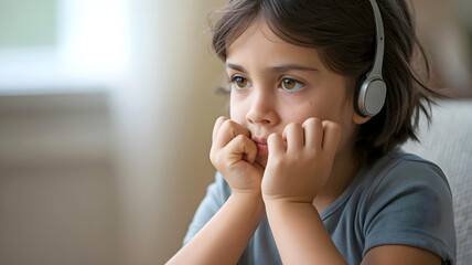 Autistic girl wearing sensory headphones covering mouth in moment of anxiety and emotional processing