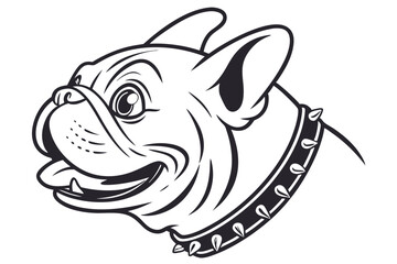 Black and white line art depicts a French bulldog with a studded collar