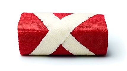 Red Elastic Adhesive Bandage Roll with White Crisscross Isolated on White