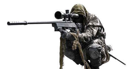 Soldier in camouflage aiming sniper rifle with scope in dark background Concept of military, war, special forces, and tactical operation