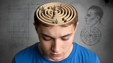 Autistic teenage boy visualizing mental maze symbolizing neurodivergent thinking and emotional complexity