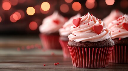 A beautifully styled image of red velvet cupcakes topped with creamy frosting and heart decorations, perfect for festive celebrations and special occasions.