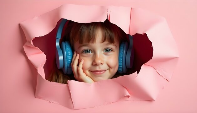 Autistic girl child wearing noise canceling headphones breaking through pink background symbolizing resilience and inner strength