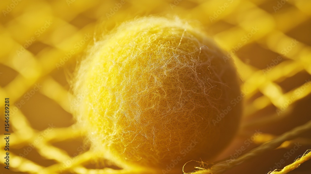 Poster Close-up of a fuzzy yellow ball resting on a yellow net, illuminated by warm sunlight.
