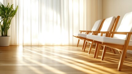 A beautifully designed living room bathed in sunlight, featuring elegant wooden chairs and a lush green plant, creating a serene and welcoming atmosphere for relaxation.